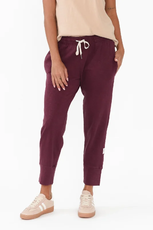 Fundamental Brunch Burgundy Cotton Pants Stylish Elastic Waist Pants