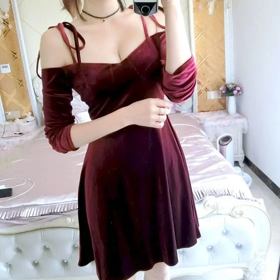 Wine Red Velvet Off Shoulder Short homecoming Dresses, Women Party Dresses, Velvet Party Dresses cg1963 Turtleneck Warm Winter