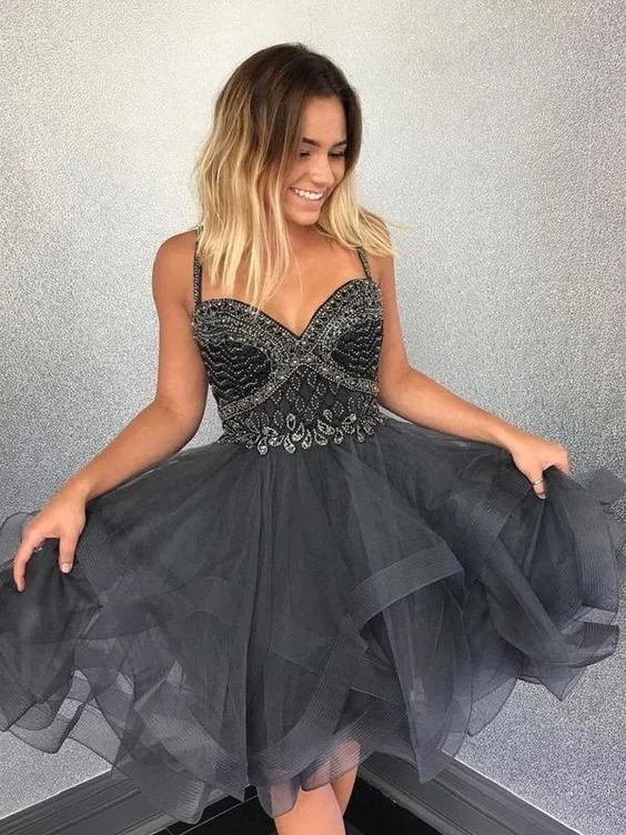 Elegant Asymmetry Grey Beaded Homecoming Dresses, Short Party dresses cg393 Tunics Fleece cozy