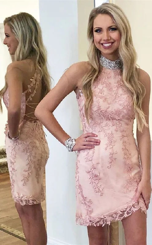 pink lace short homecoming dresses, sexy short party dresses tight, modest tie straps back hoco dresses cg5065 Bodycon Fitted Nightout