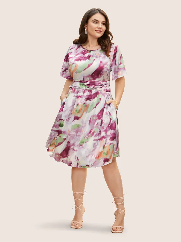 Watercolor Floral Print Ruched Ruffle Sleeve Dress Pencil Office Professional