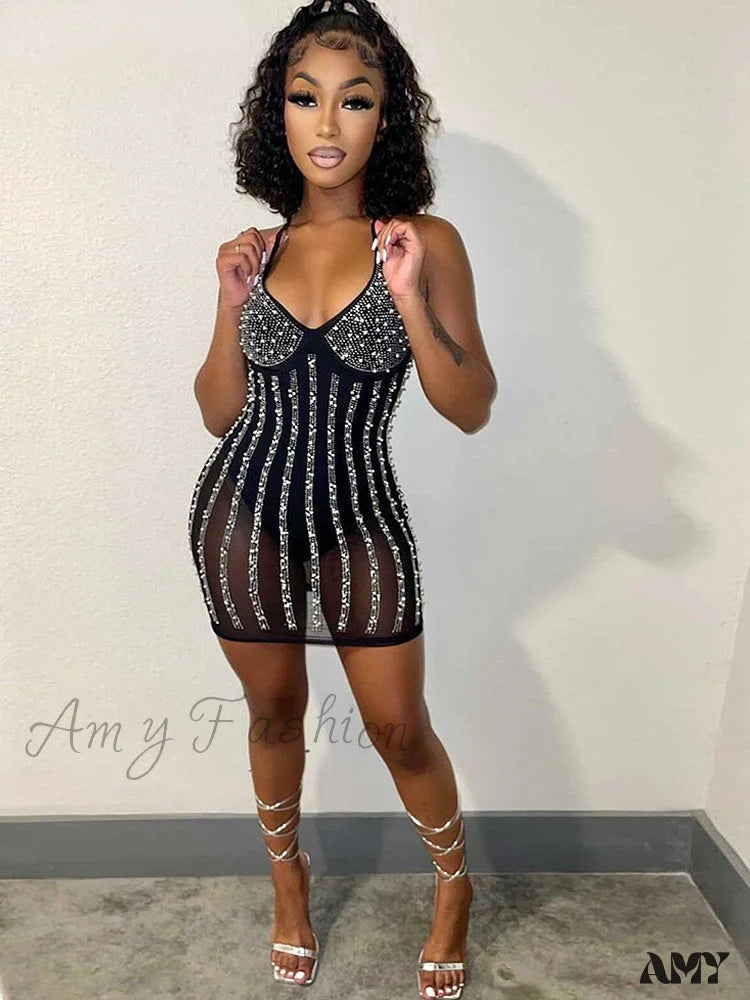 Amy Fashion - See-Through Pearls Crystal Sequins Bodycon Short Party Dress Tunics Solid Classic