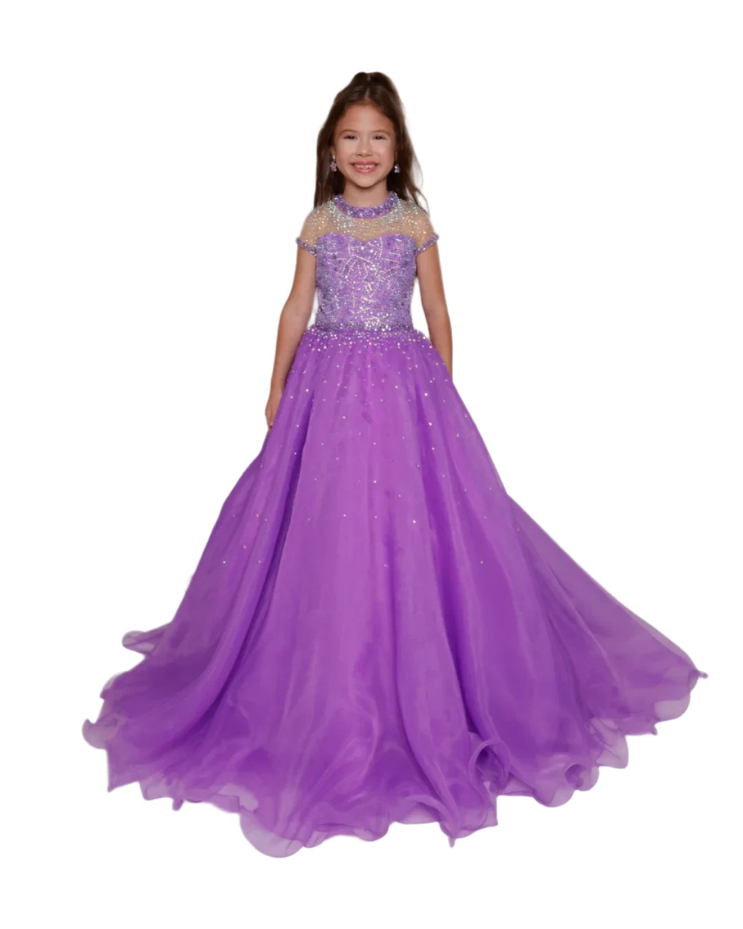 Ava Presley 38043 Girls Pageant Dress Sheer High Neck Ballgown cap sleeve crystal organza Train empire Waist empire