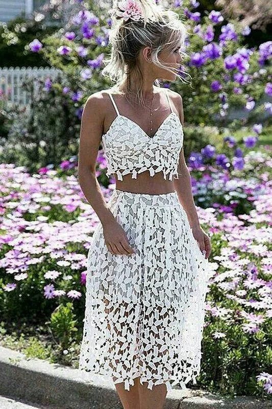 Sexy Spaghetti Strap White Lace Short Party Dress,Two-Piece Short homecoming Dresses cg345 Tunics Yoga stretchy
