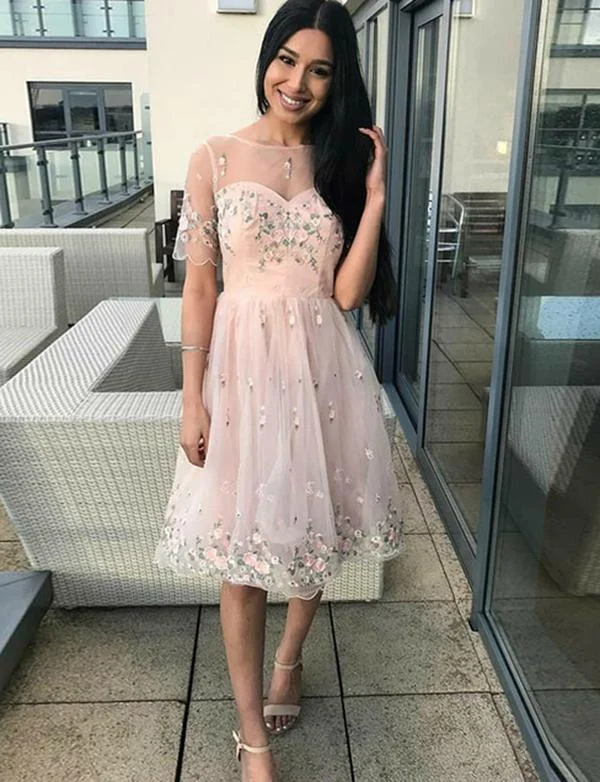 A-Line Crew Short Sleeves Pink Tulle Homecoming Party Dress With Embroidery ,cheap homecoming dress cg535 Cowl Neckline Elegant