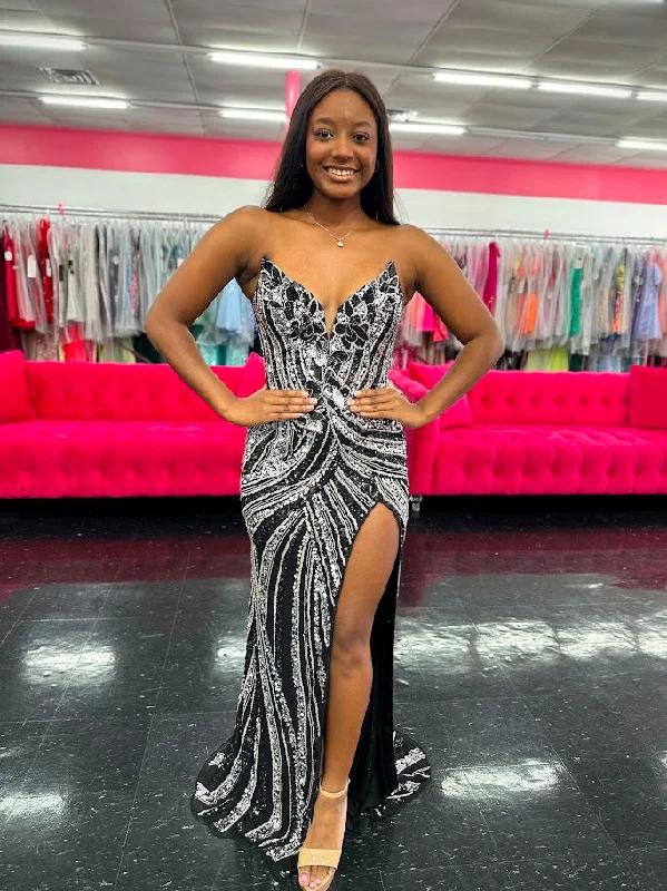 Ashley Lauren 11236 Black/Silver Prom Dress Size 00,2,4,6,8,12,14,16 Long Fitted V Neck Slit Beaded Sequin Evening Pageant Gown Bodycon Club Sequined