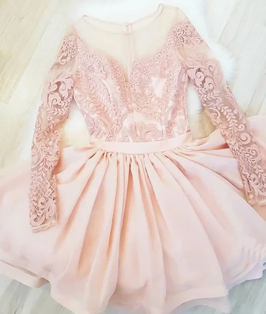 Pink round neck lace short party dress, pink homecoming dress cg4996 Off-the-shoulder Chic Trendy