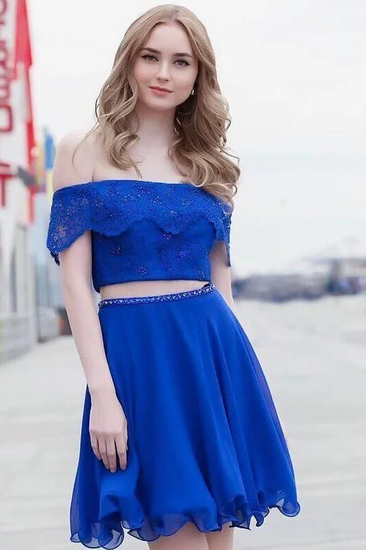 Two Piece Royal Blue Lace Dress, Sexy Short Party Dress, Homecoming Dress for Party  cg2133 Pencil Length Work
