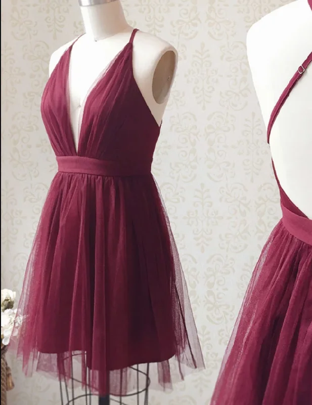 Burgundy v neck tulle short party dress burgundy homecoming dress cg5157 Tunics Chic elegant