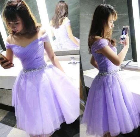 Beautiful Lavender Beaded Waist Cute Tulle Party Dress , Short Homecoming dress cg4842 Tunics Travel practical