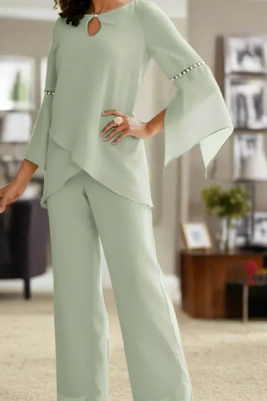 Elegant Chiffon Sage Two Piece Mother of the Bride Pantsuits Trendy Printed Pants