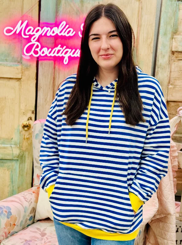 Royal Blue Drawstring Striped Long Sleeve Hoodie Hoodie with Applique Textured Unique