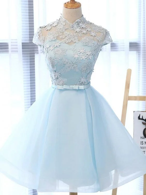 Chic Light Sky Blue Homecoming Dress Tulle High Neck Homecoming Dress Party Dress  cg479 Tunics Floral girly