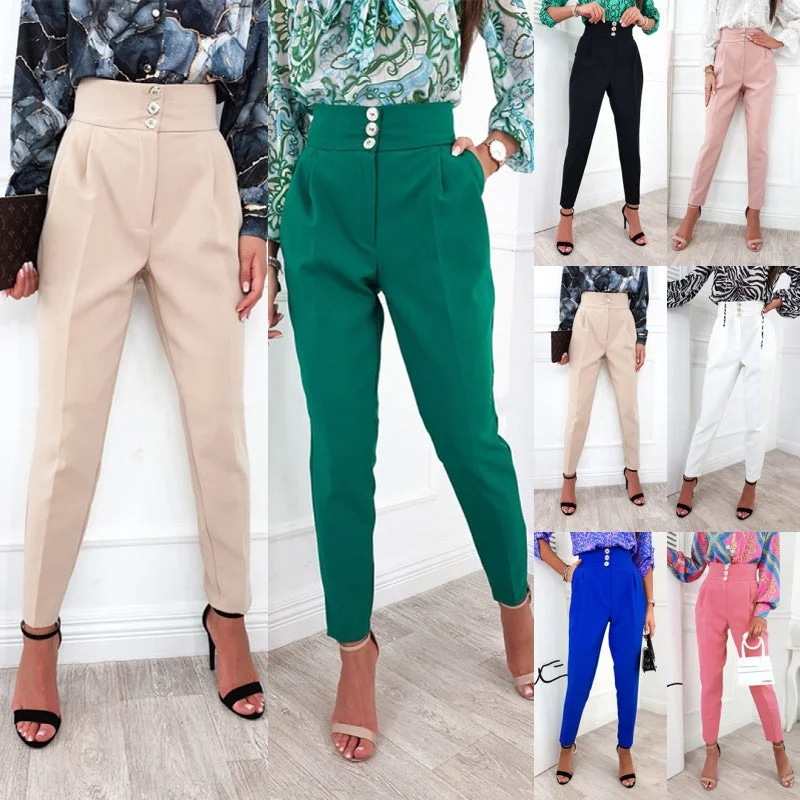 Womens Casual Lounge Dress Pants High Waist Work Office Business Slacks Slim Leg Pencil Pants with Button Pocket Casual Track Pants