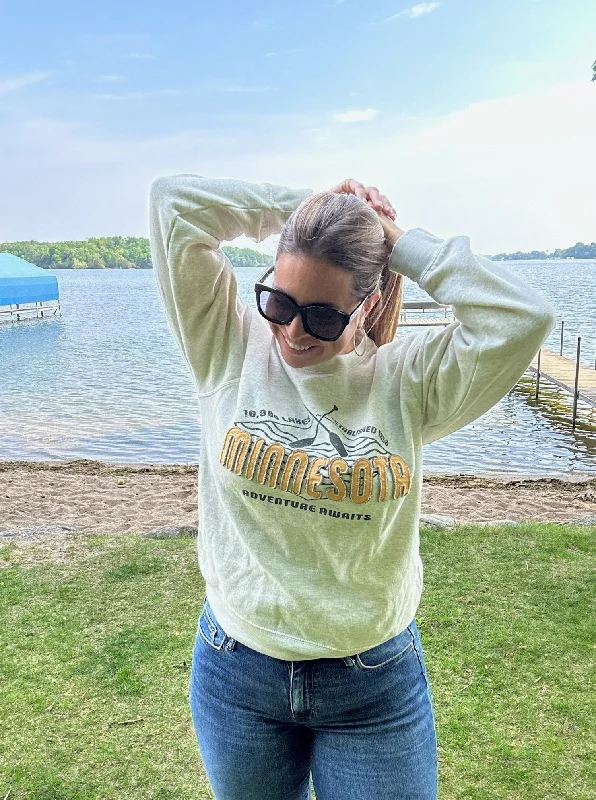 Adventure Awaits Minnesota Crew Sweatshirt [OATMEAL] Hoodie with Bell Sleeves Flared Feminine
