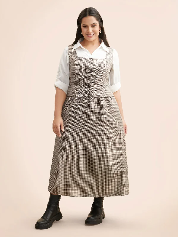 Square Neck Houndstooth Elastic Waist Dress Tunics Party sparkling