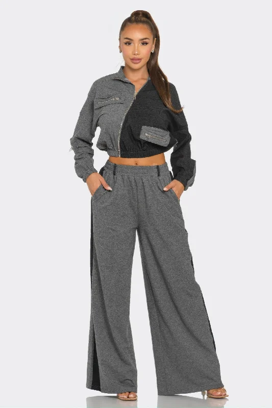 Color Block Pants Set Chic Faux Leather Pants