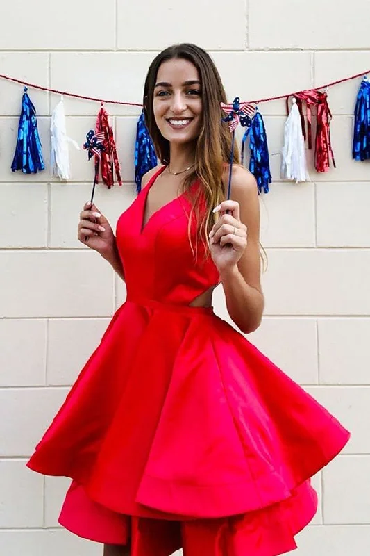 V-Neck Open Back Short Homecoming Dress with Tiered Red Party Dress cg4016 Tunics Plaid country