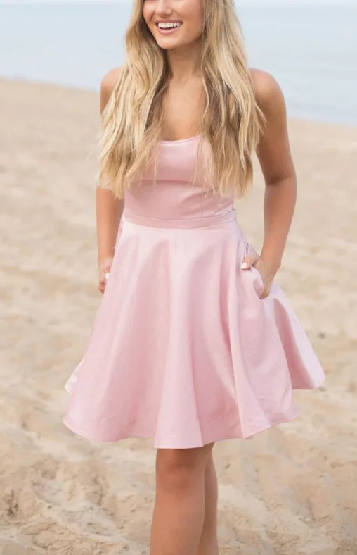 Simple pink satin short party dress pink homecoming dress  cg7820 Tunics Print Colorful