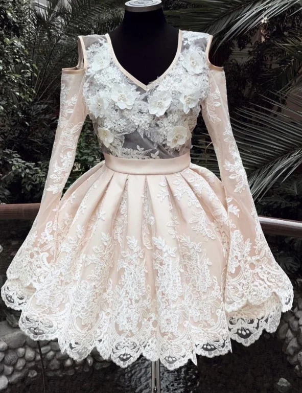 Champagne v neck lace short party dress, lace homecoming dress cg5029 Shift Classic Vintage