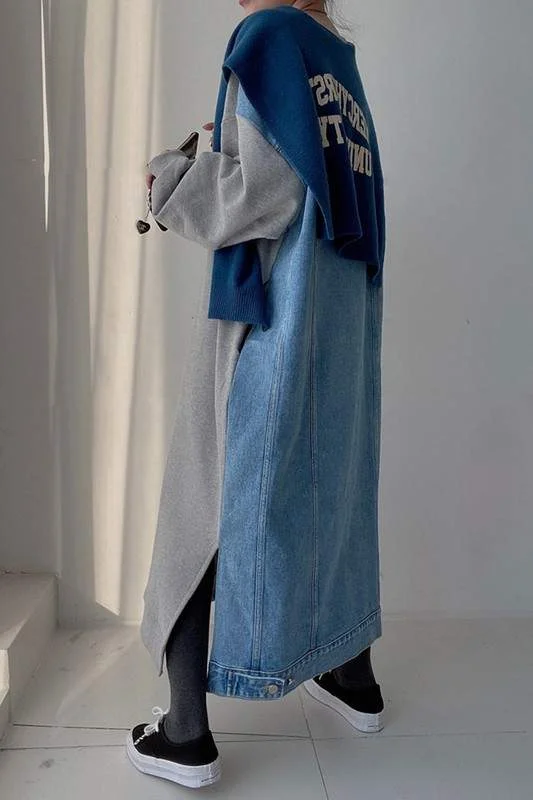 DENIM SWEATSHIRT LONG DRESS Hoodie with Cropped Fit Short Trendy