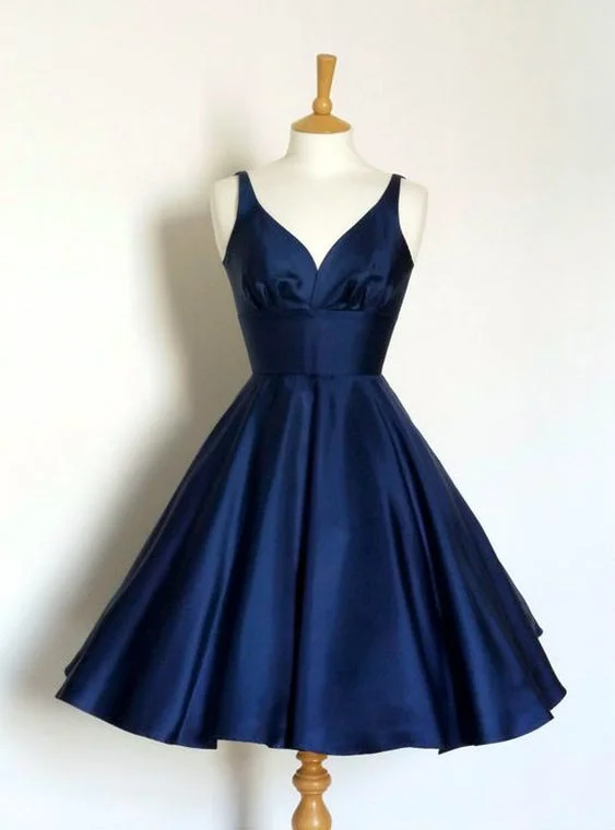 Navy blue Short Fashion Party Dress V neck A Line Dress Backless Homecoming Dresses  cg8102 Turtleneck Neckline Stylish