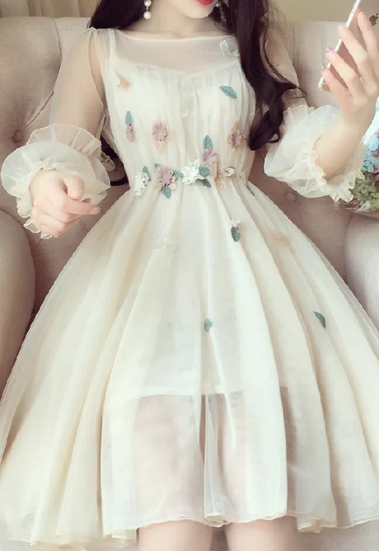 Beige 3/4 Sleeve Knee Length party Dress with Flowers, Sweet Homecoming Dresses cg4969 Tunics Mesh breathable