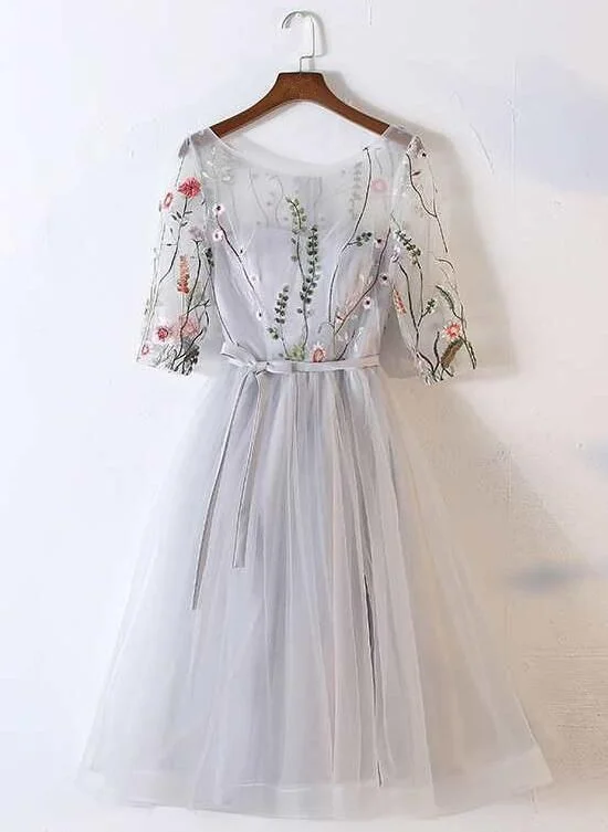 Beautiful Grey Tulle Round Neckline With Flowers Party Dress, Short homecoming Dress cg3683 Tunics Custom made