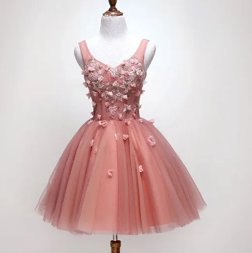 pink tulle lace short party dress, v neck homecoming dress, evening dress cg5053 Pencil Length Work