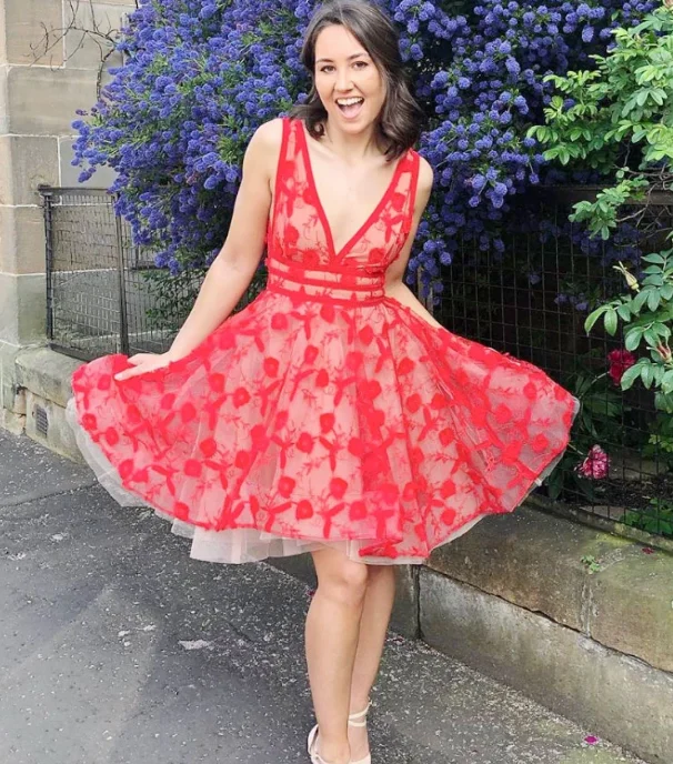 Red v neck tulle lace short party dress, red homecoming dress cg4984 Tunics Long Elegant