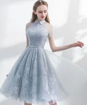 Unique Grey Tulle Homecoming Dress, A-Line See Through Short Sleeves Dress, Elegant Party Dress  cg290 Tunics Evening elegant