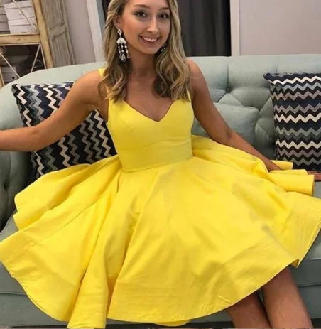 A-line Yellow Satin Short Party Dress Homecoming Dress cg5190 Tunics Luxurious premium