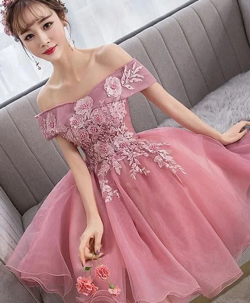 Pink tulle lace short party dress pink lace homecoming dress cg5078 High-Low Hemline Casual