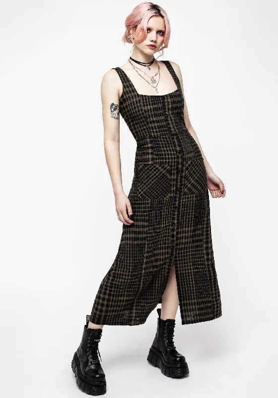 Dropout Check Sleeveless Button Down Midaxi Dress Tunics Fashionable chic