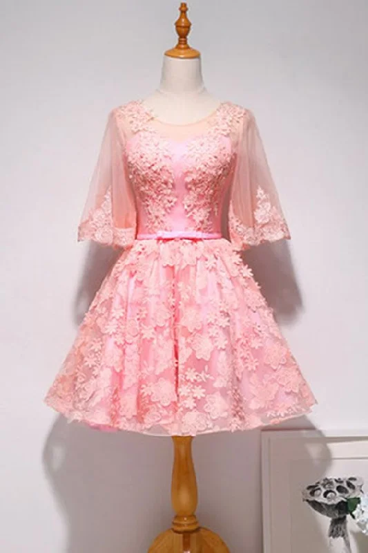 Pink Lace Round Neck Short homecoming Dress, Party Dress With Mid Sleeve  cg5682 Tunics Summer linen