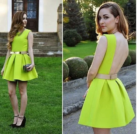 Cheap Comfortable Green Lemon Green Backless Jewel Backless Homecoming Dress,Cheap Ruched Mini Party Dress cg1684 Tunics Yoga stretchy