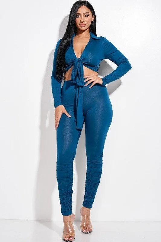 Solid Heavy Rayon Spandex Collared Tie Front Top And Ruched Pants Two Piece Set Elegant Silk Pants