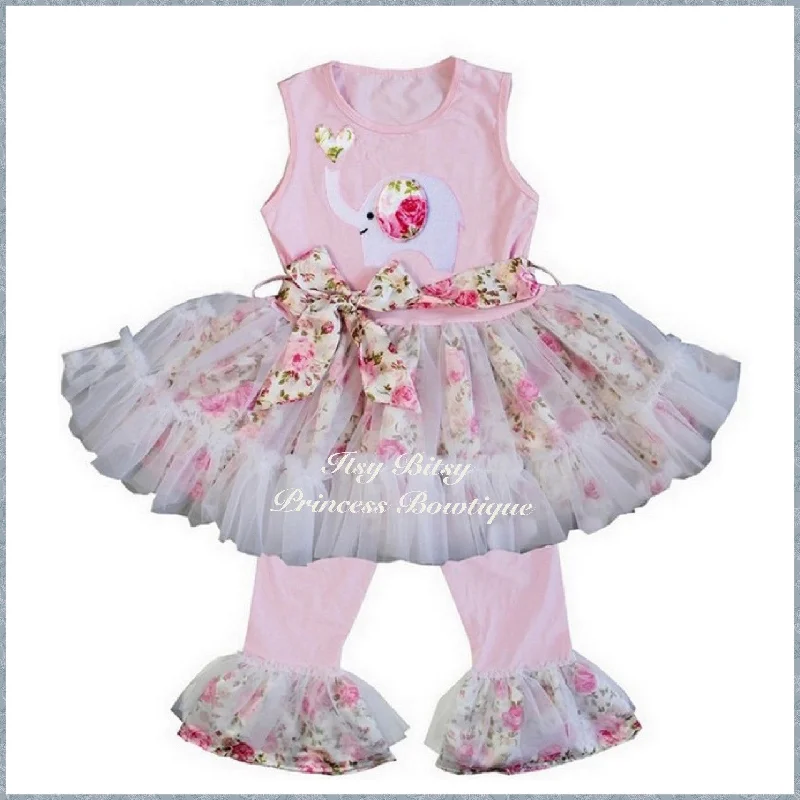 Pink Elephant Ruffled Top with Pants Outfit High-Waist Trousers