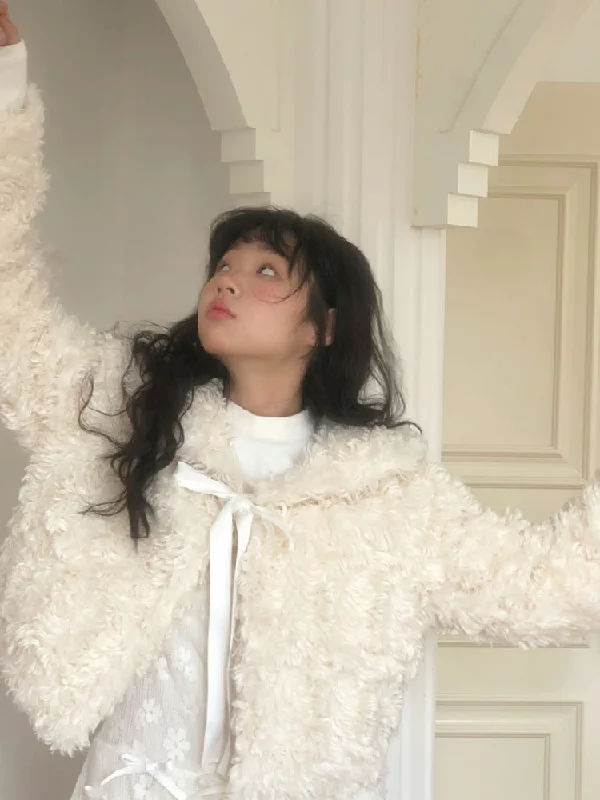 Bow Short Plush Jacket【s0000010885】 Cardigan Sweater Pullover