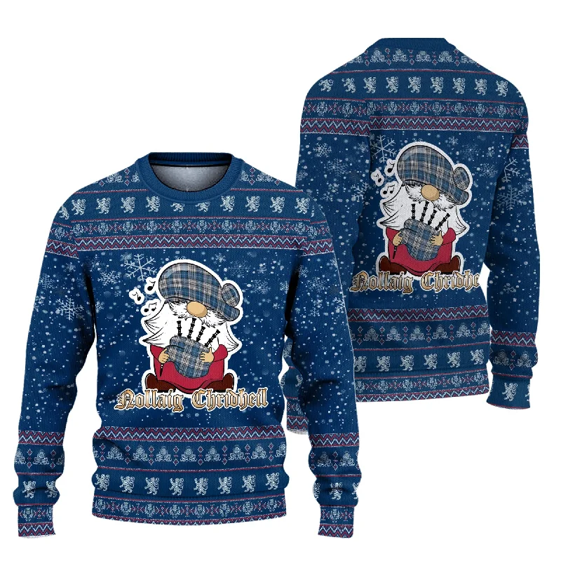 Napier Modern Clan Christmas Family Ugly Sweater with Funny Gnome Playing Bagpipes Ribbed Striped Patterned