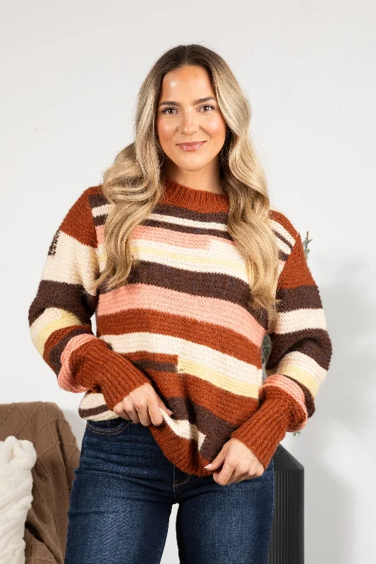 Burnt Orange Multicolor Stripes Sweater Graphic Sweater Embroidered Appliqued