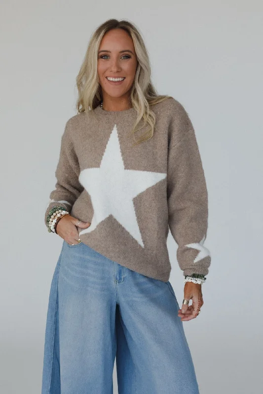 Corrine Star Print Sweater - Latte Ribbed Striped Patterned