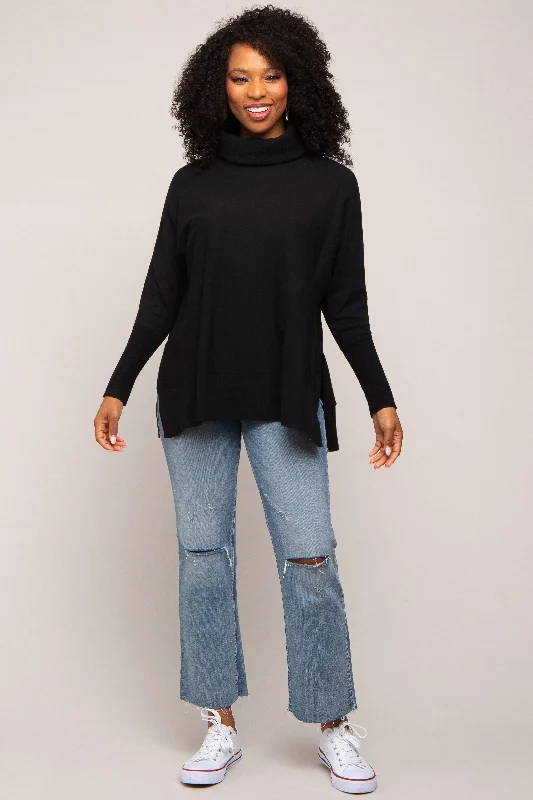Black Cowl Neck Dolman Sleeve Sweater Toggled Drawstring Belted
