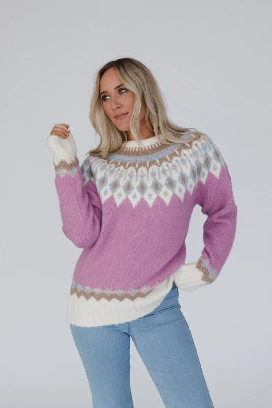 Nordic Charm Sweater - Rose Cable Knit Ribbed Knit Lace Knit