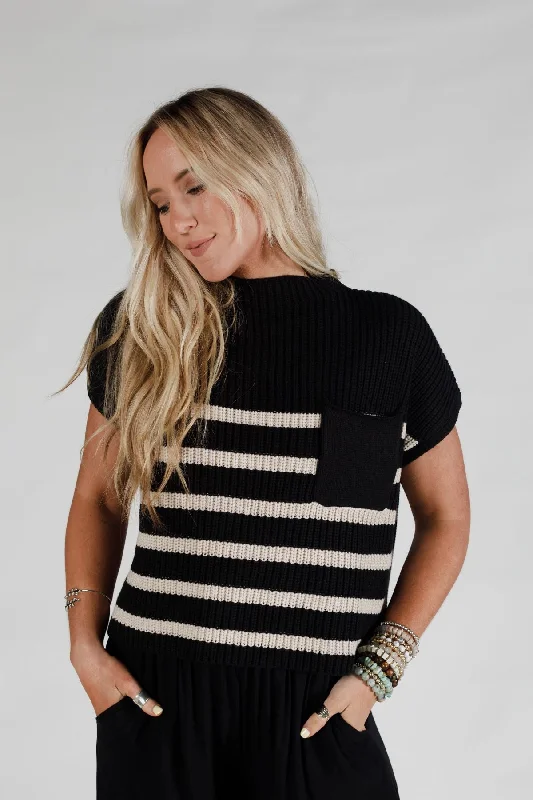 Margot Striped Sweater Top - Black Nylon Fabric Polyester Fabric Spandex Fabric