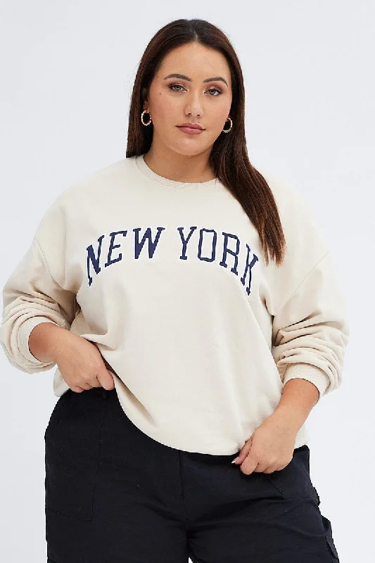 Beige New York Embroidered Sweater Hooded Sweater Collared Sweater Shawl Collar