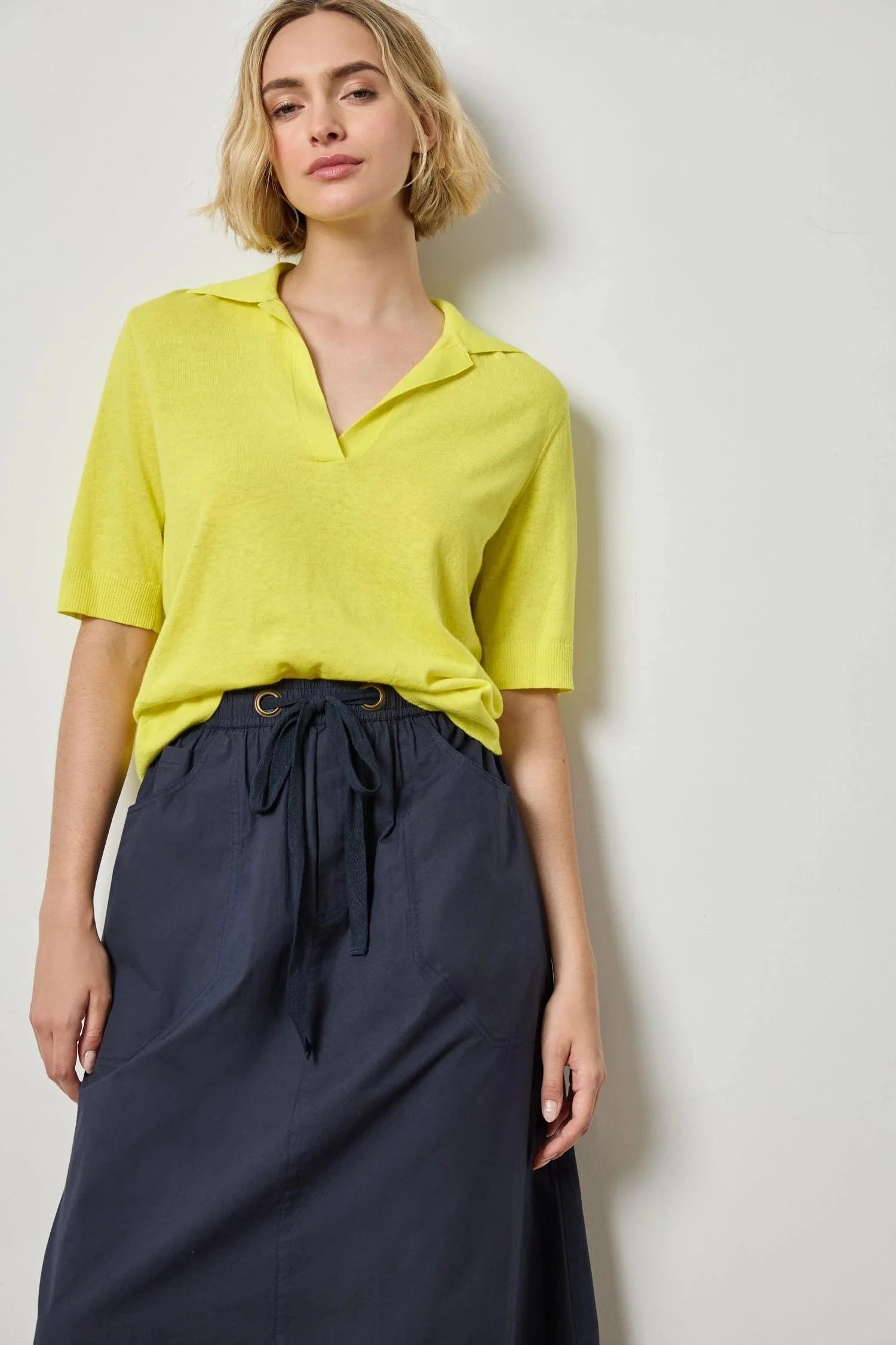 Elbow Sleeve Polo Sweater Lemon Herringbone Houndstooth Plaid