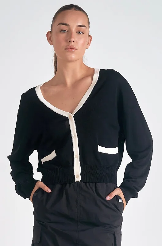 Elan Black and White Button V-neck sweater Iron Safe Non-Iron Wrinkle Free