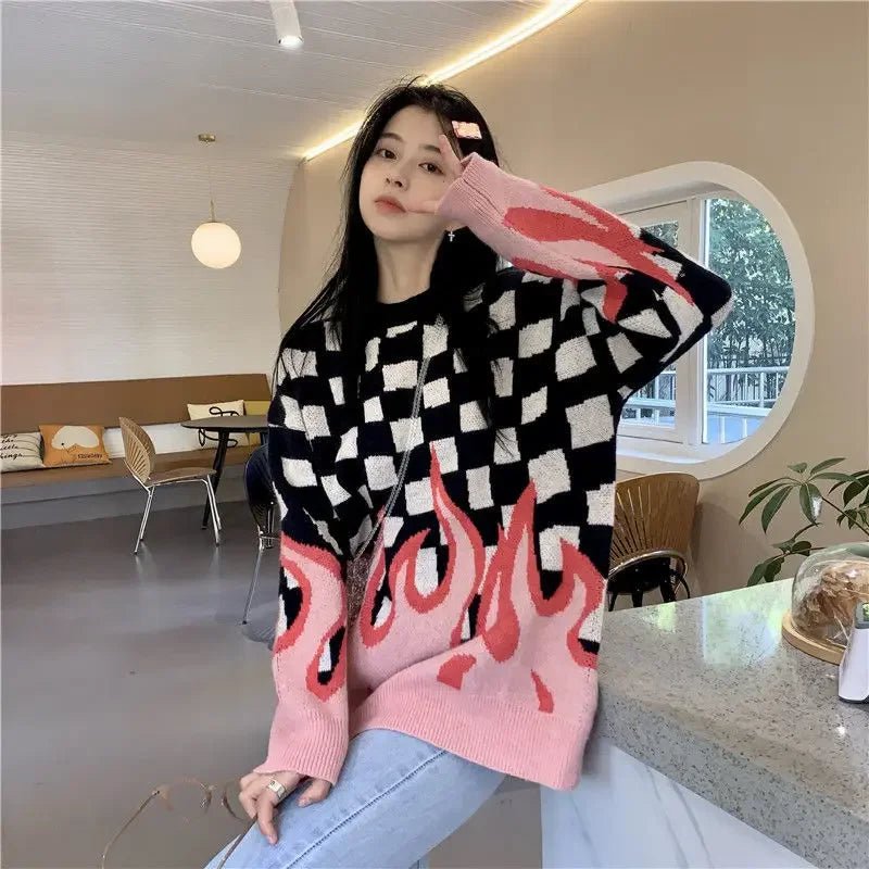 Womens Checkerboard Flame Sweater Toggled Drawstring Belted