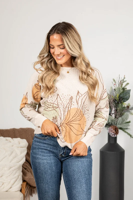Oatmeal Flower Detail Boat Neck Knit Sweater Lightweight Heavyweight Midweight